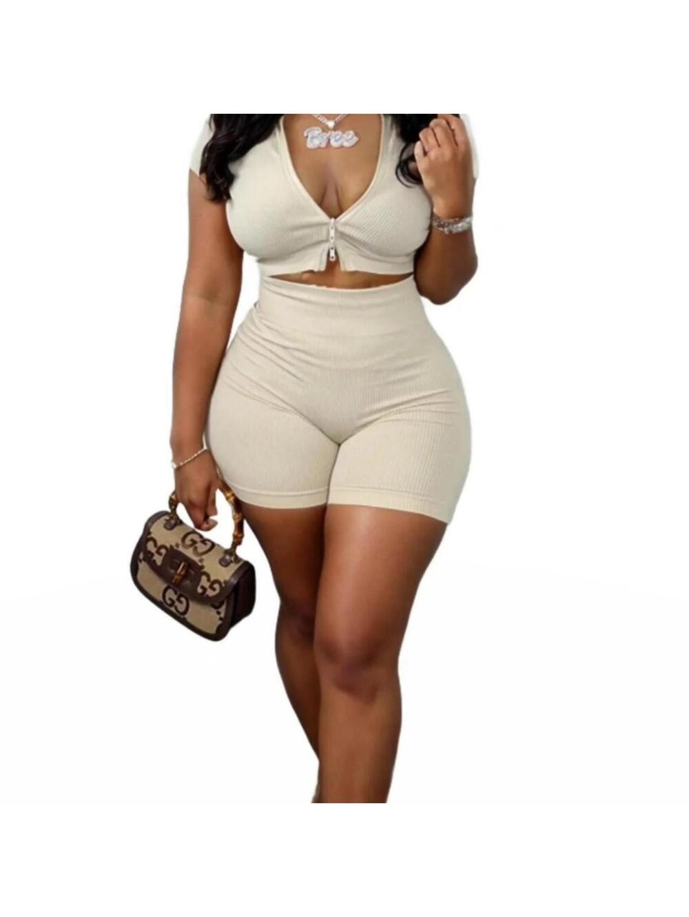 Ribbed Khaki Two-Piece Set - Size L/XL